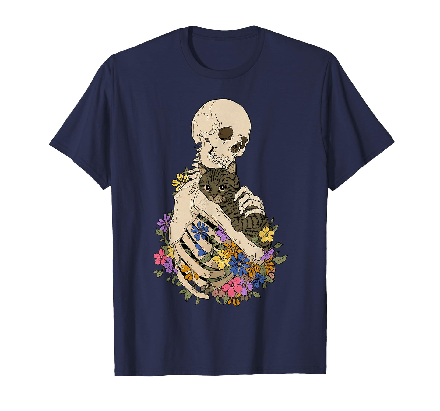Skeleton Hugging Cat Floral Halloween Cats Lovers T-Shirt