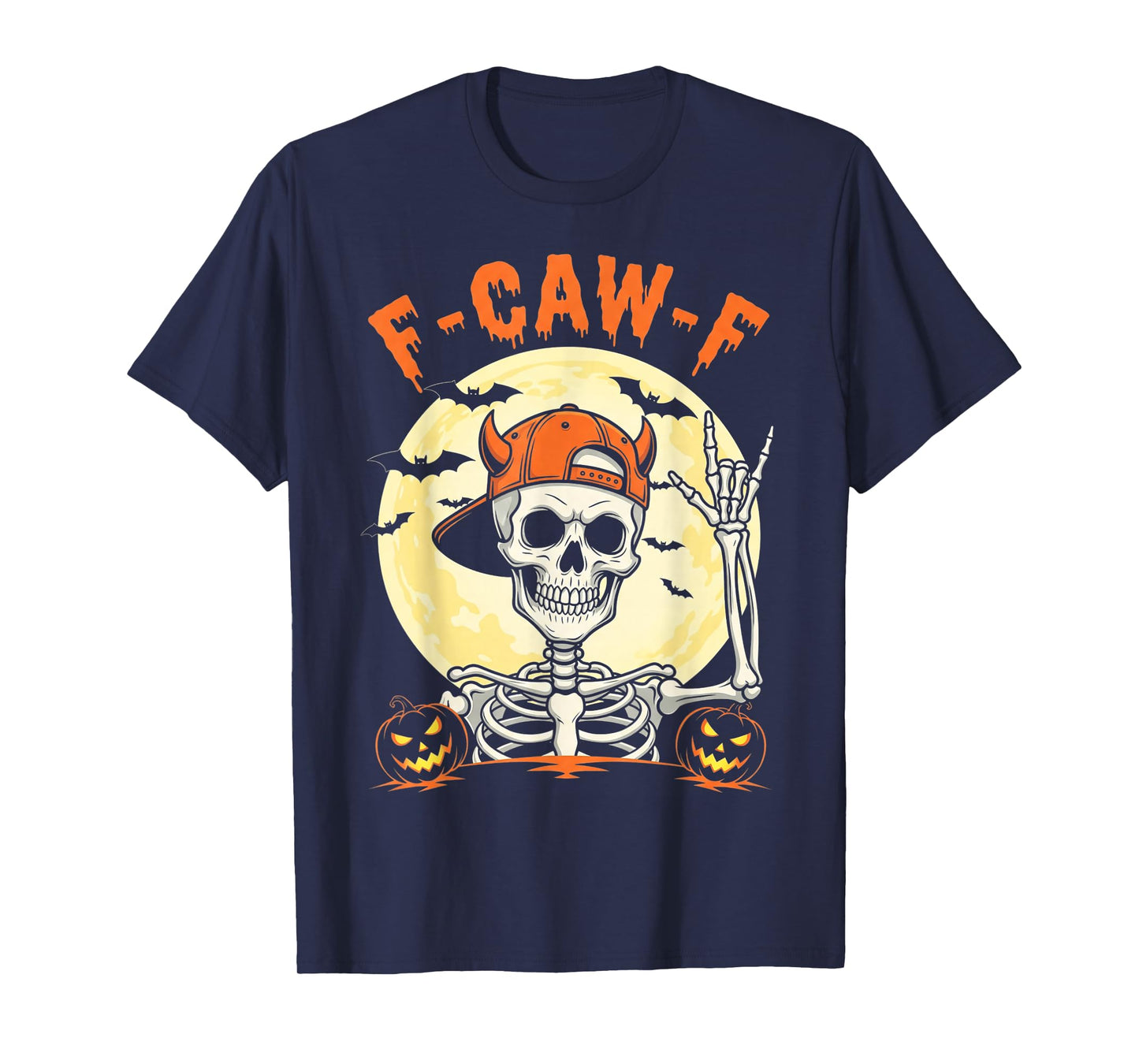 Funny Rocker Skeleton F-Caw-F Halloween Moon Gothic Adult T-Shirt