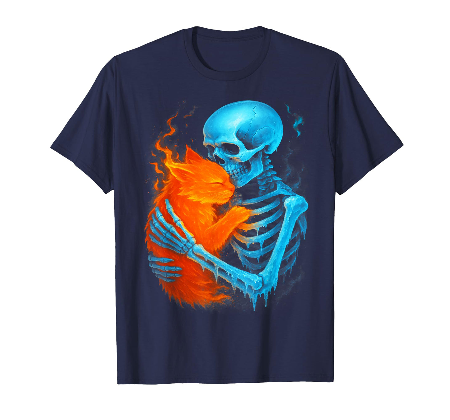 Skeleton Hugging Cat Ice Fire Halloween Cats Lover T-Shirt