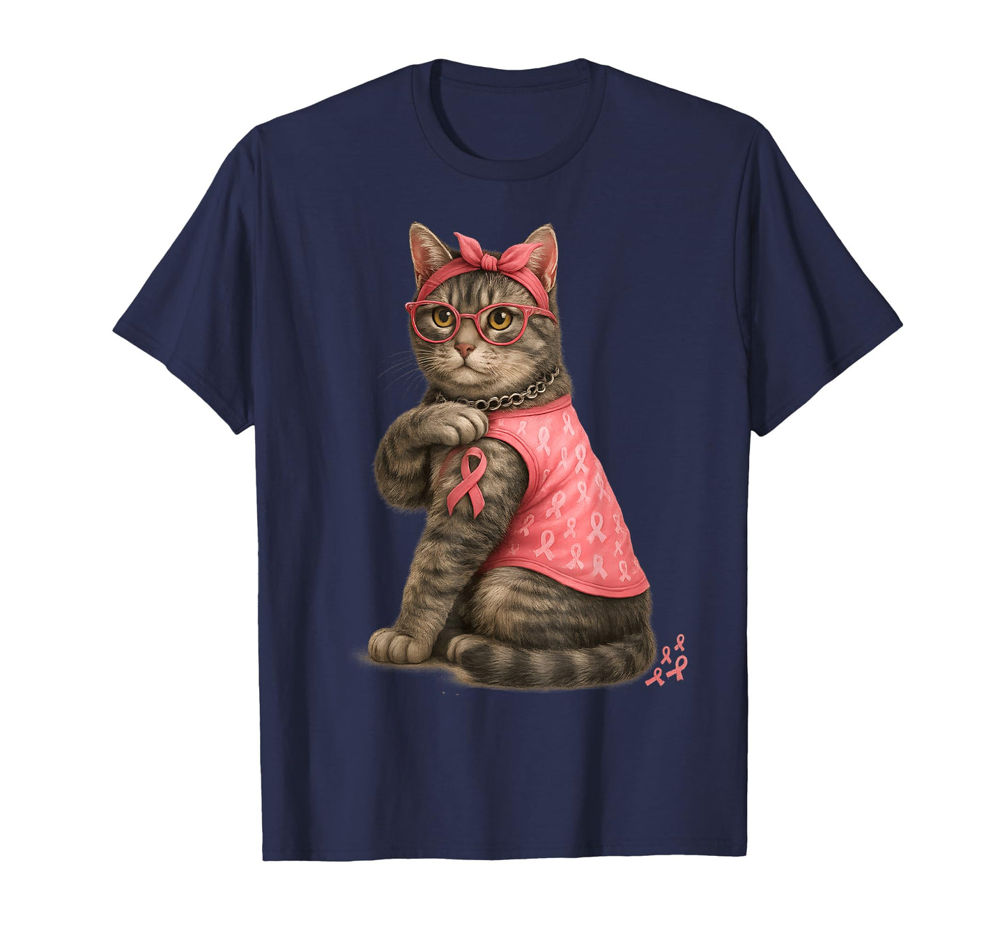 Gray Tabby Cat Pink Ribbon Breast Cancer Awareness Kitty T-Shirt