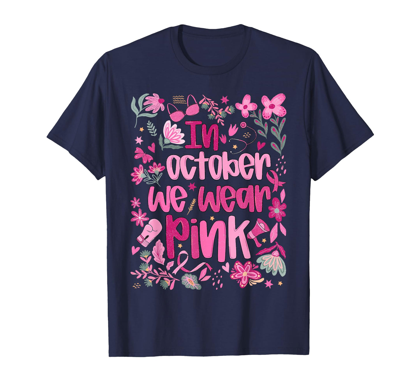 in October We Wear Pink Boho Floral Breast Cancer Awareness T-Shirt