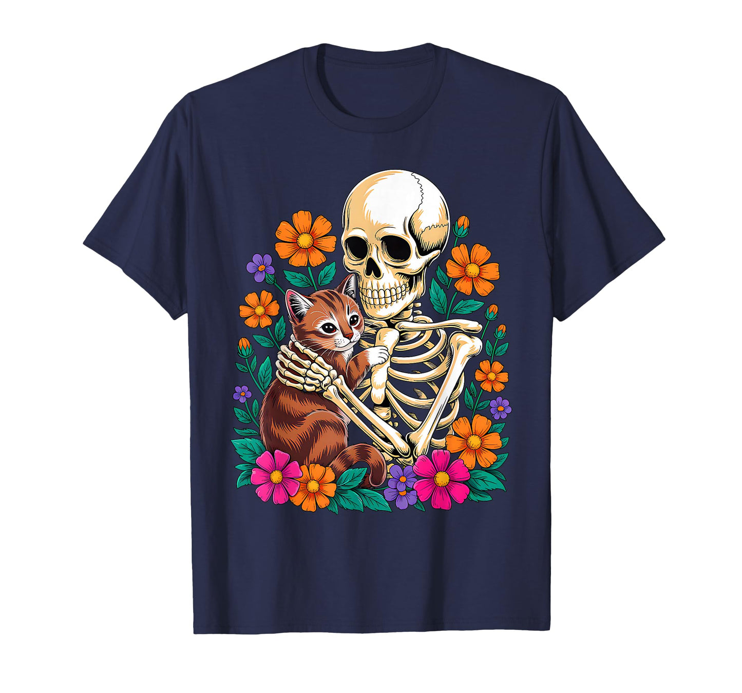 Skeleton Hugging Cat Floral Funny Halloween Cats Lover T-Shirt
