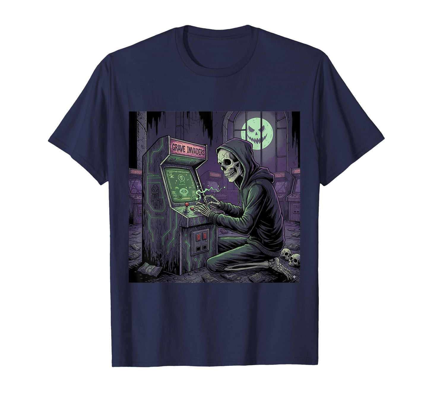 Grave Invaders Funny Halloween Skeleton Skulls Arcade Gamer T-Shirt