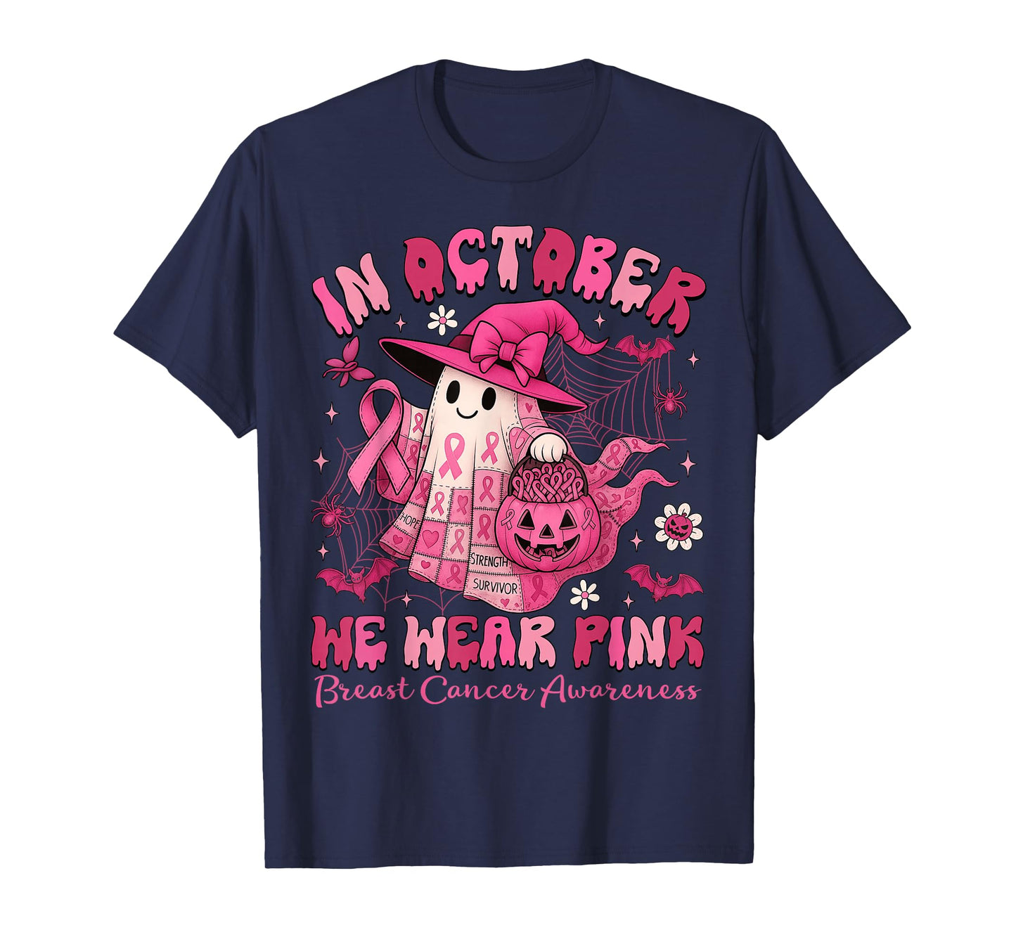 in October We Wear Pink Ghost Witch Patchwork Breast Cancer T-Shirt