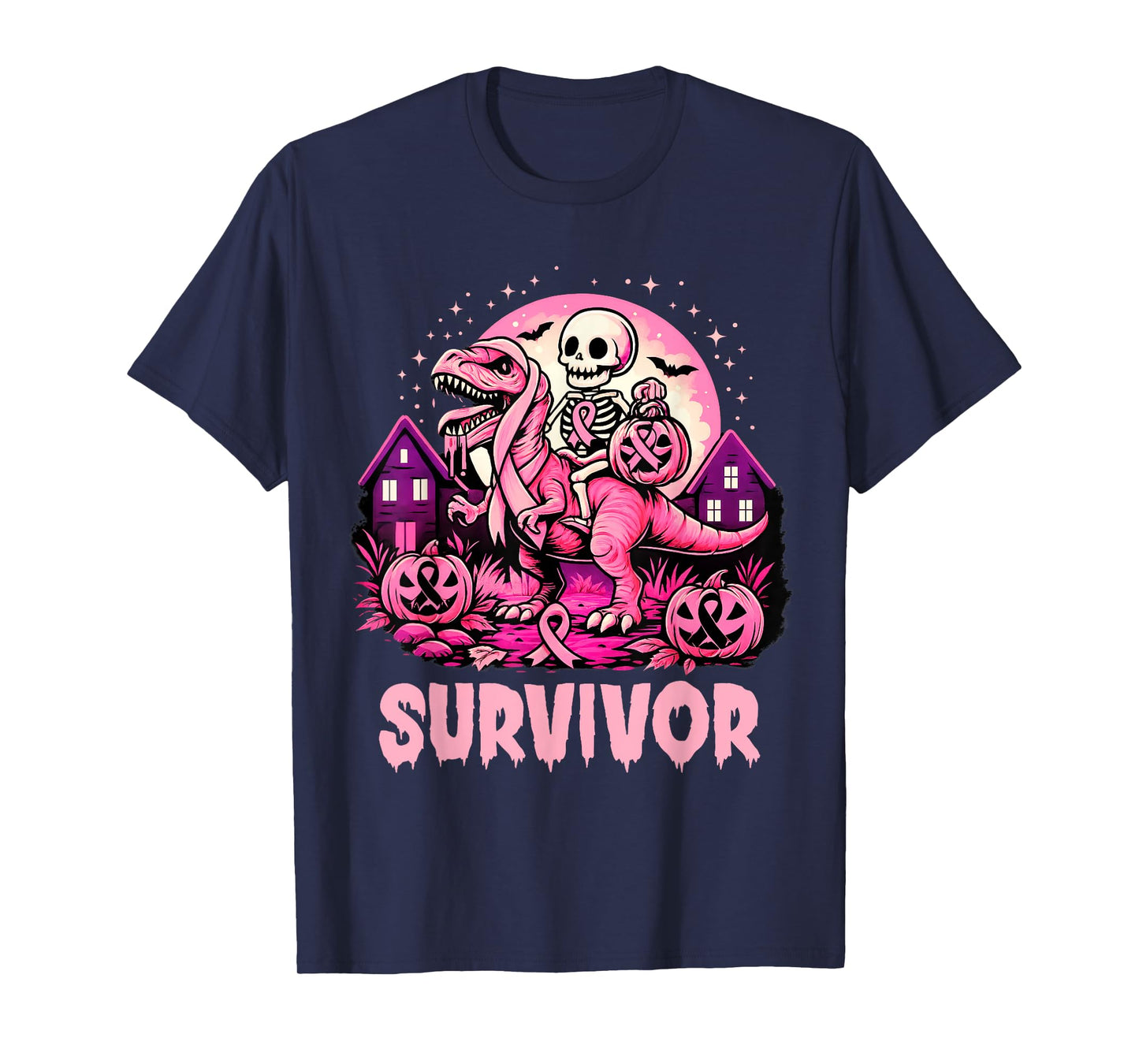 Skeleton Dinosaur T Rex Scary Pumpkin Breast Cancer Survivor T-Shirt
