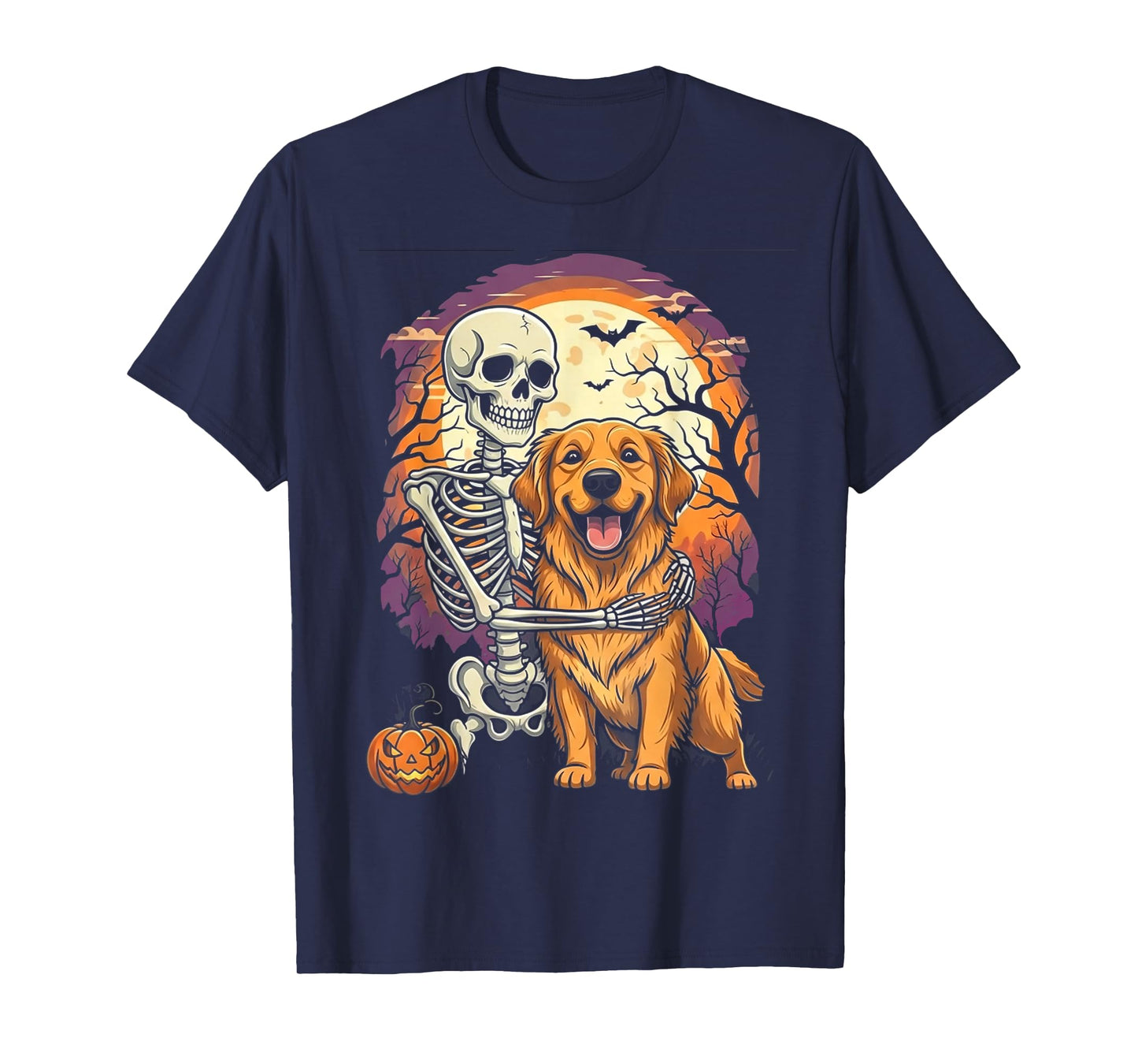 Skeleton Hugging Golden Retriever Halloween Lover Mom Dad T-Shirt