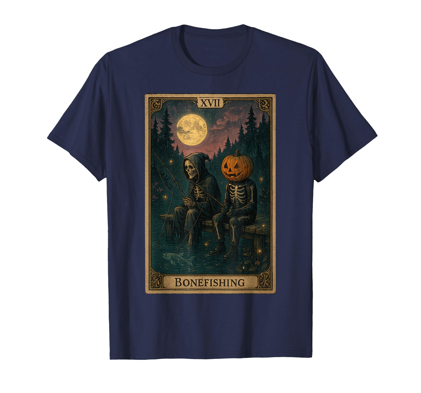 Tarot Card Bonefishing Jack O Lantern Cowl Skeleton Fishing T-Shirt