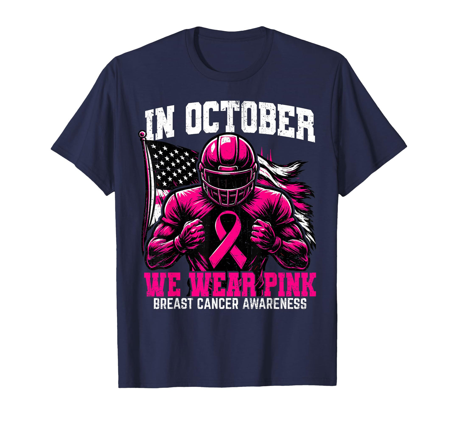 in October we Wear Pink USA Flag Breast Cancer Awareness T-Shirt