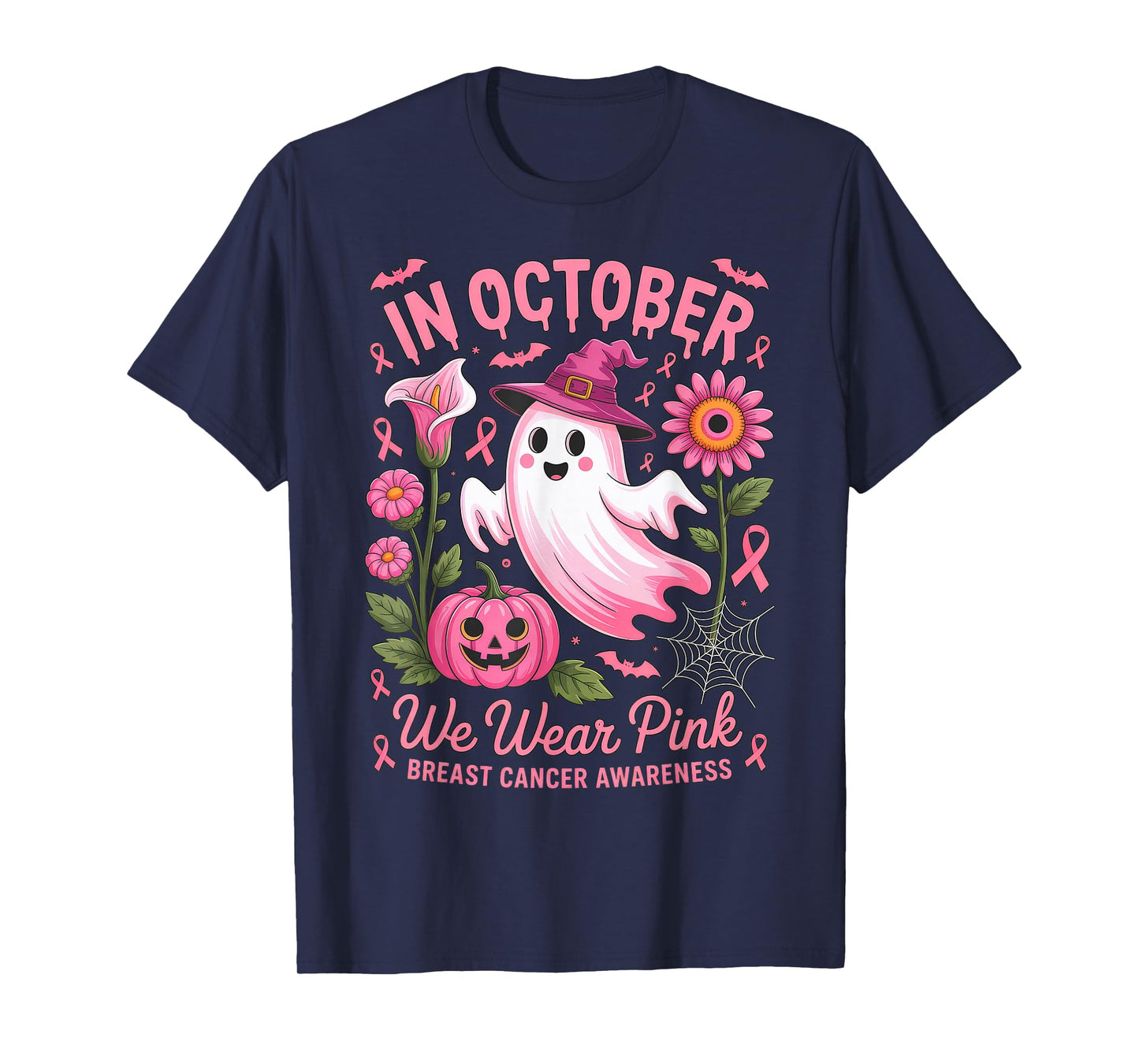 In October We Wear Pink Halloween Shirt Ghost Breast Cancer T-Shirt