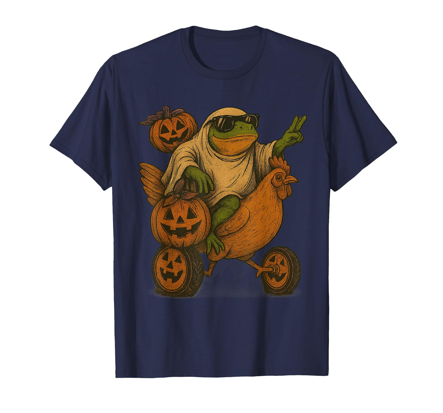 Funny Frog Costume Riding Chicken Meme Halloween Pumpkin T-Shirt