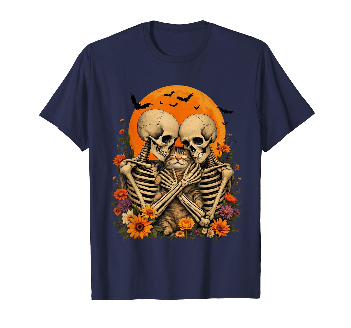 Skeleton Hugging Cat Floral Halloween Cat Lover Mom Costume T-Shirt