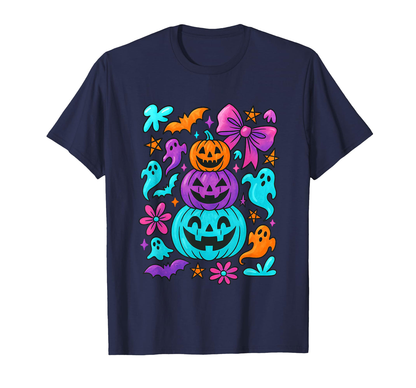 Retro Preppy Neon Halloween Pumpkin Ghost Coquette Outfit T-Shirt