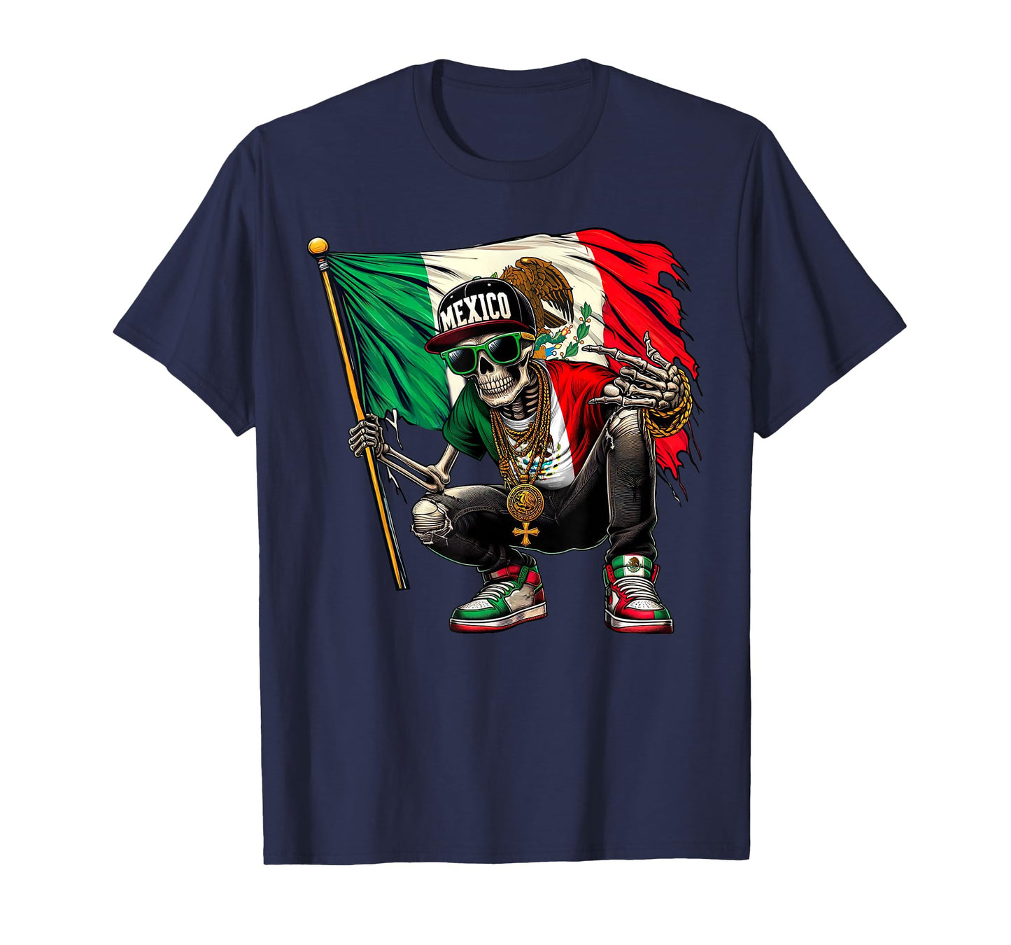 Distressed Mexico Flag Skull Rock Skeleton Shirts Men Boys T-Shirt