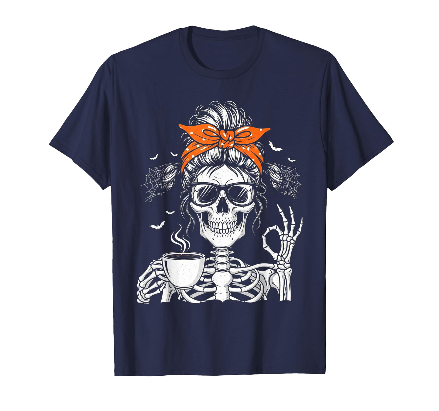 Skeleton Messy Bun Drinking Coffee Halloween Coquette Bow T-Shirt