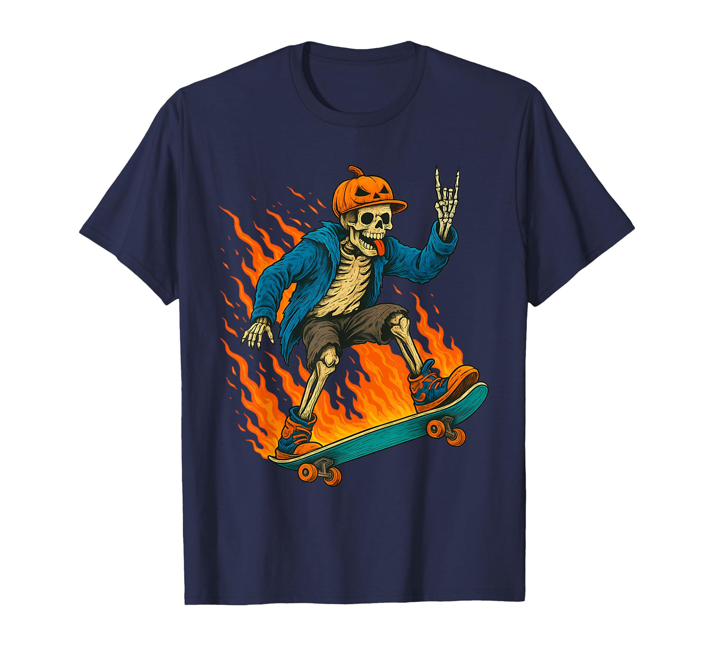 Halloween Skeleton Skateboarding Pumpkin Flame Spooky Design T-Shirt