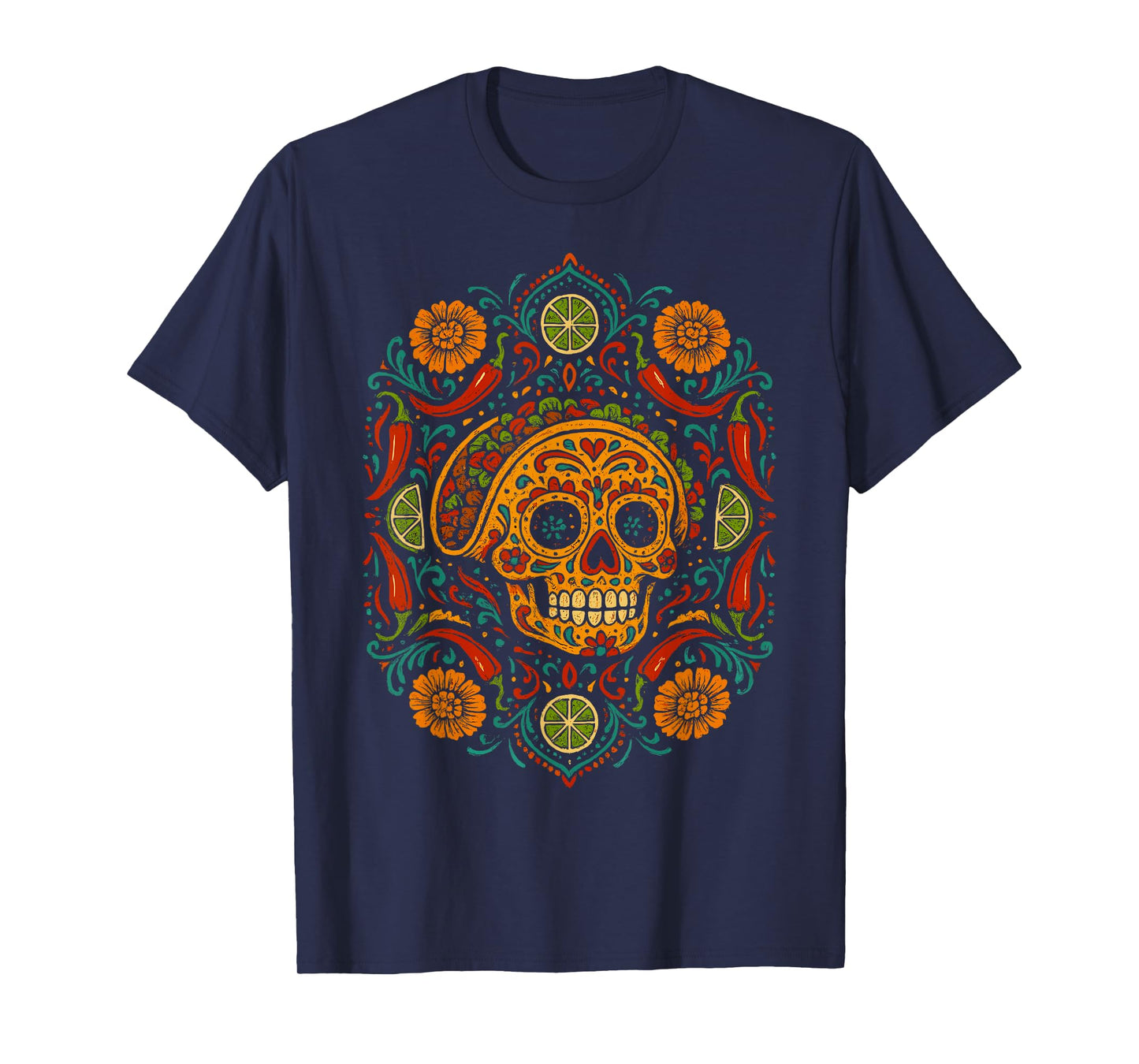 Funny Taco Skull Art Colorful Mandala Mexican Food Humor T-Shirt