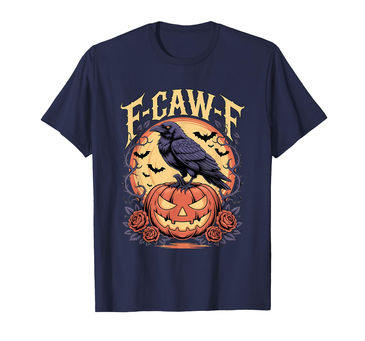 F CAW F Crow Raven Spooky Bird Funny Scary Pumpkin Full Moon T-Shirt