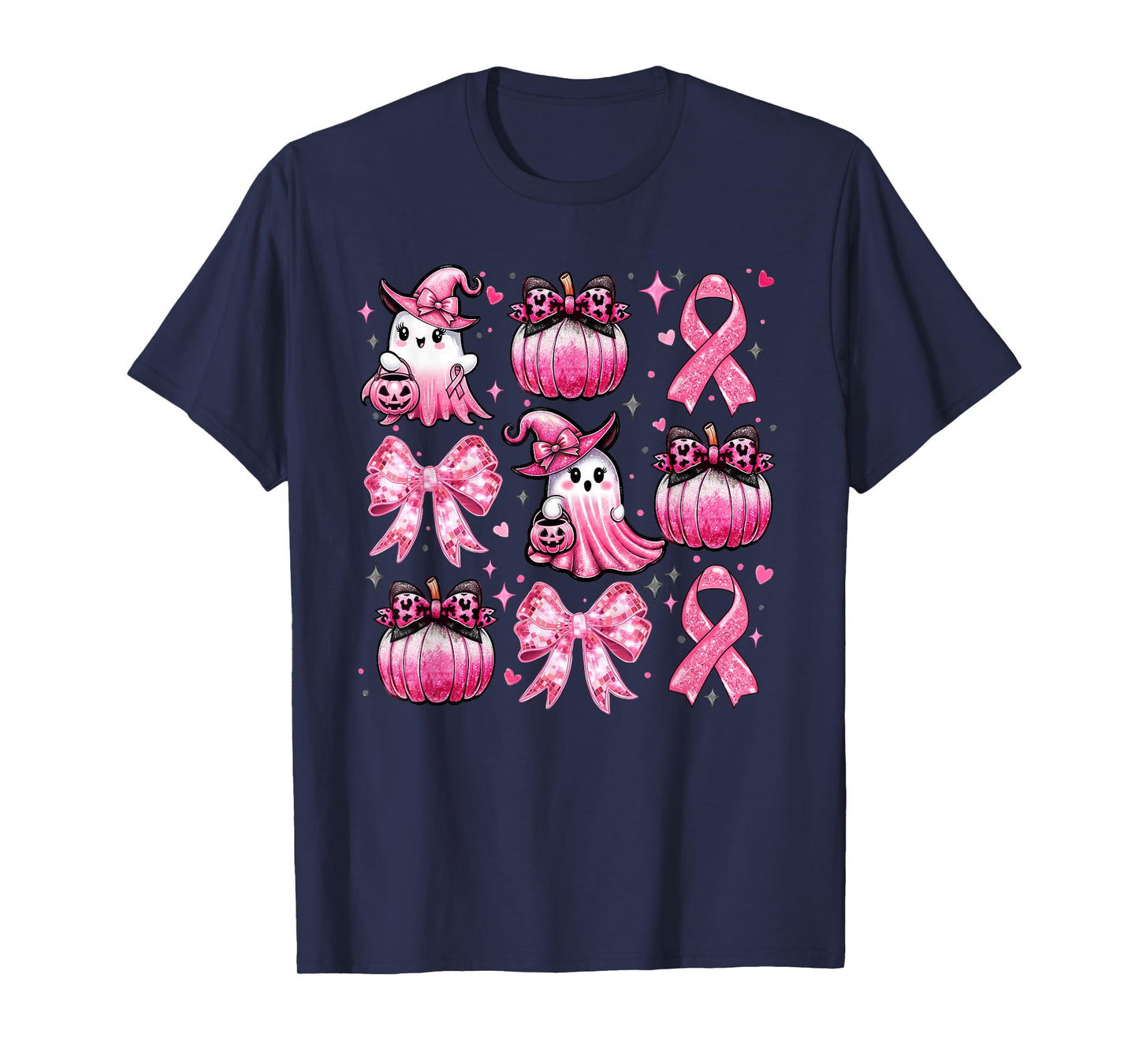 Pink Ghost Coquette Bow Halloween Breast Cancer Awareness T-Shirt