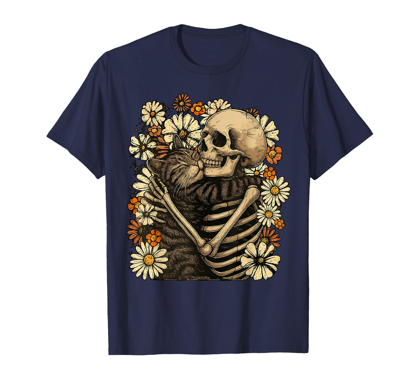 Skeleton Hugging Cat Floral Halloween Cats Lover T-Shirt
