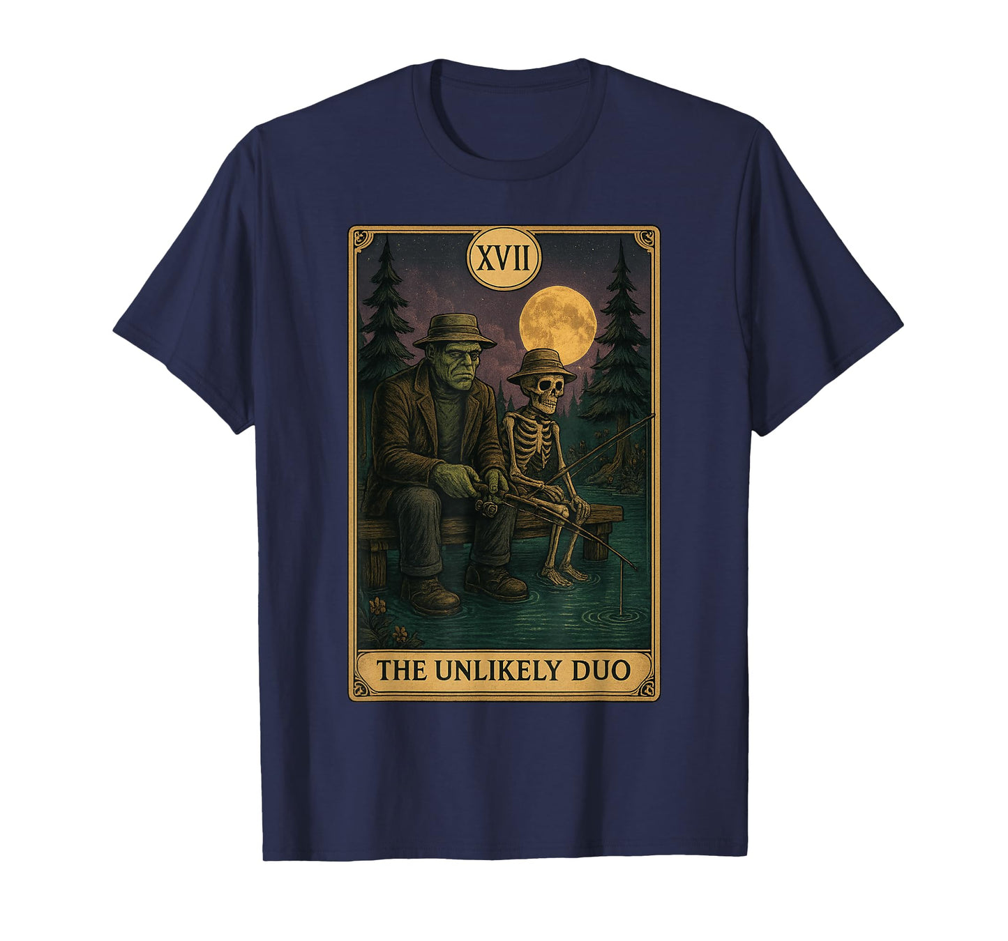 Tarot Card The Unlikely Duo Frankeinstein Skeleton Fishing T-Shirt