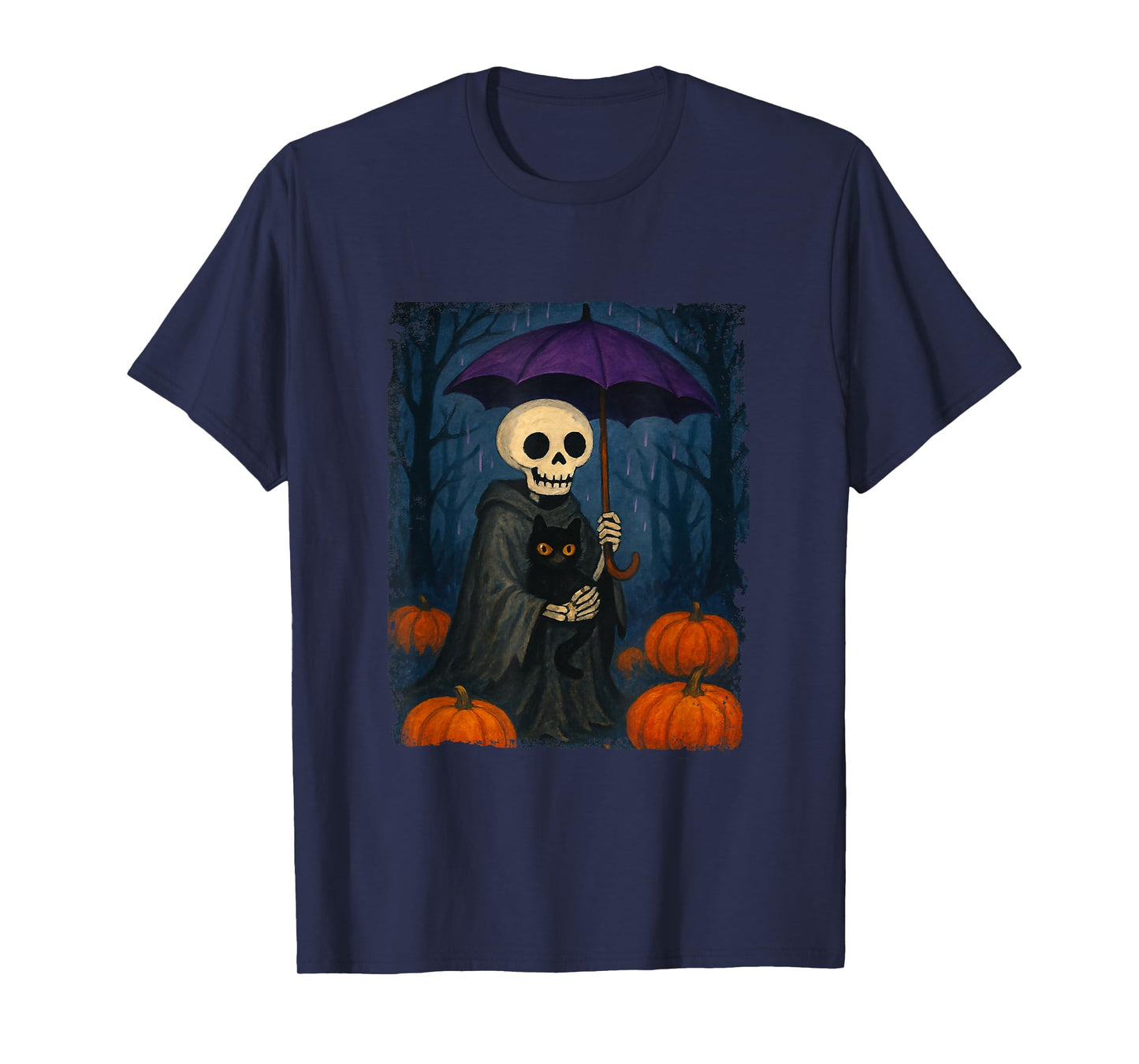 Skeleton Black Cat Purple Umbrella Pumpkin Halloween Design T-Shirt