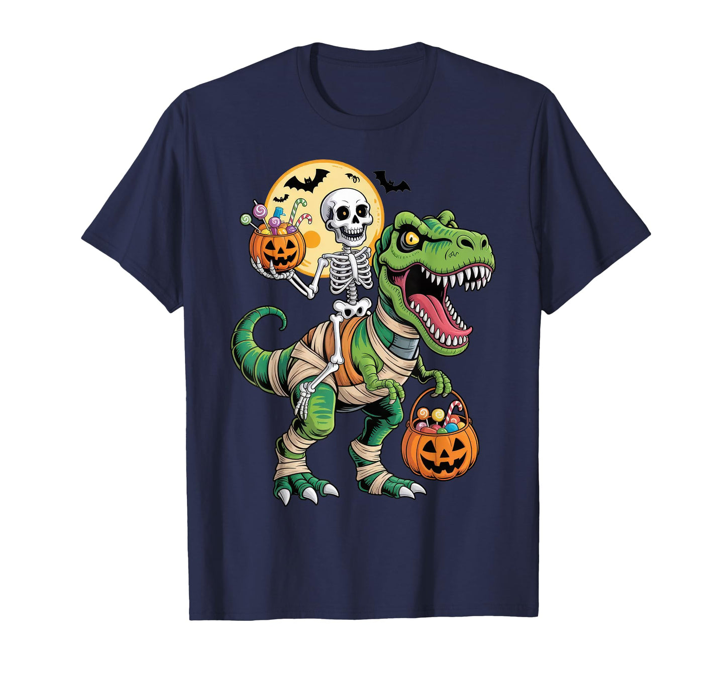 Skeleton Riding Mummy Dinosaur T rex Halloween Funny Pumpkin T-Shirt