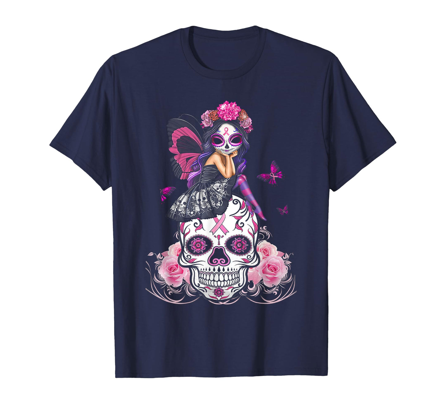 Fairy Sugar Skull Breast Cancer Butterfly Pink Ribbon Woman T-Shirt