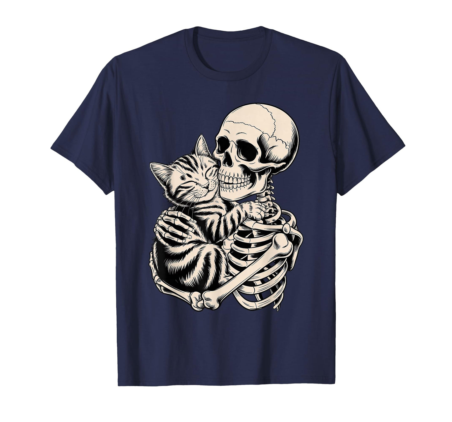 Skeleton Hugging Cat Halloween Cat Lover Cat Mom Dad T-Shirt