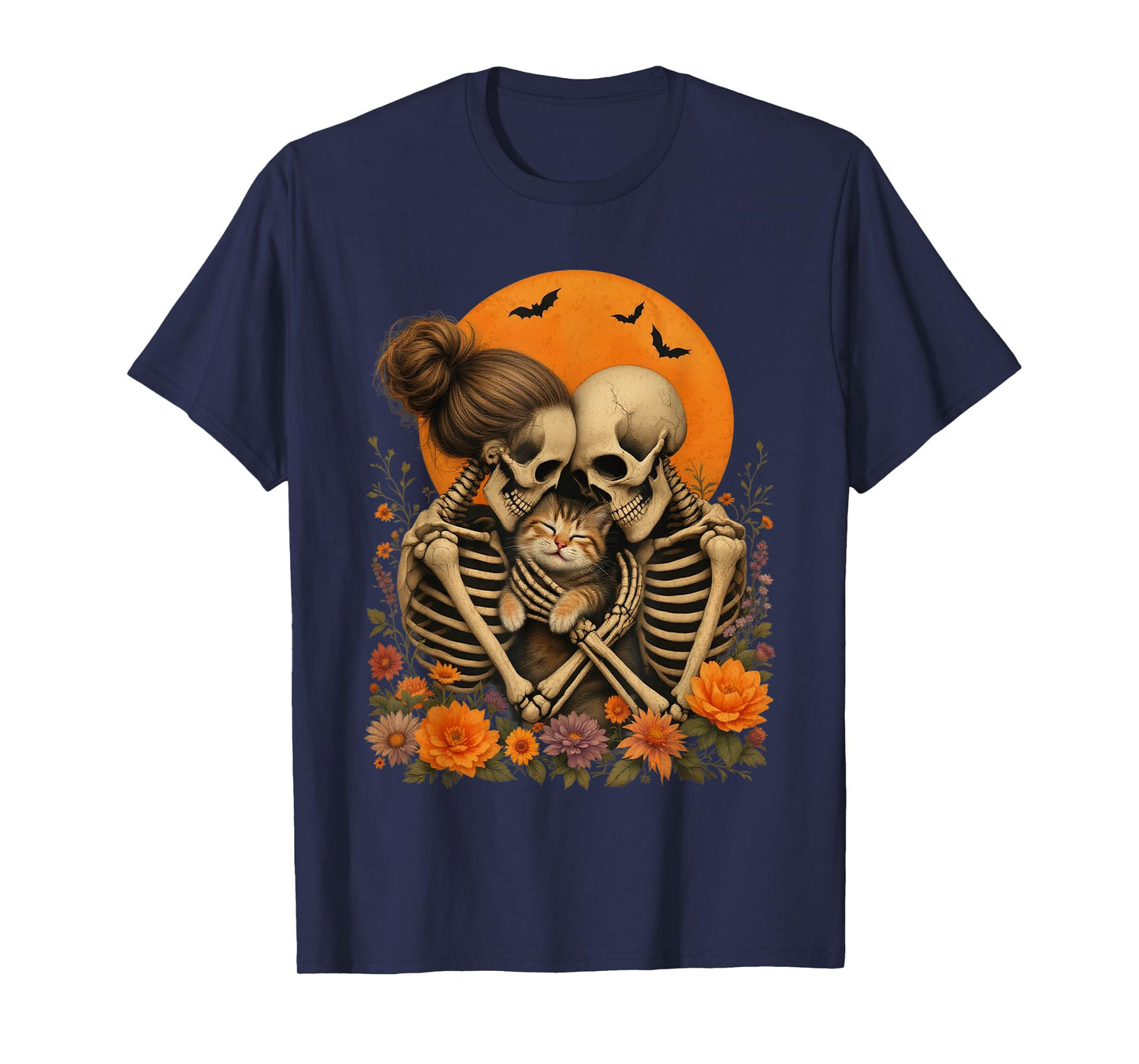 Skeleton Hugging Cat Floral Halloween Cat Lover Mom Costume T-Shirt