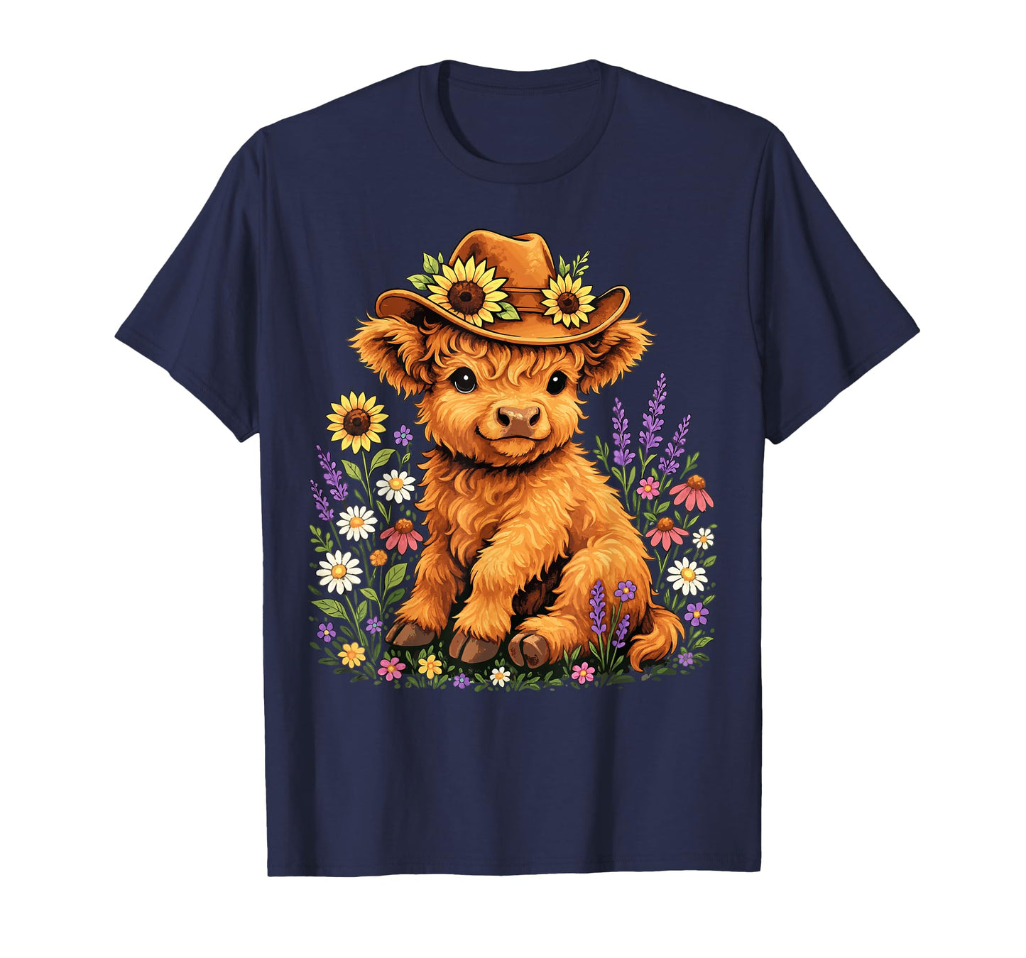Cute Highland Cow with Flowers and Cowboy Hat T-Shirt