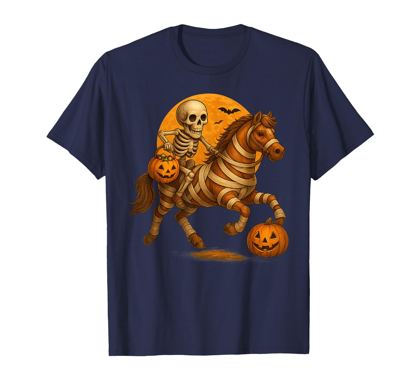 Skeleton Riding Mummy Horse Halloween Costume Funny Pumpkin T-Shirt