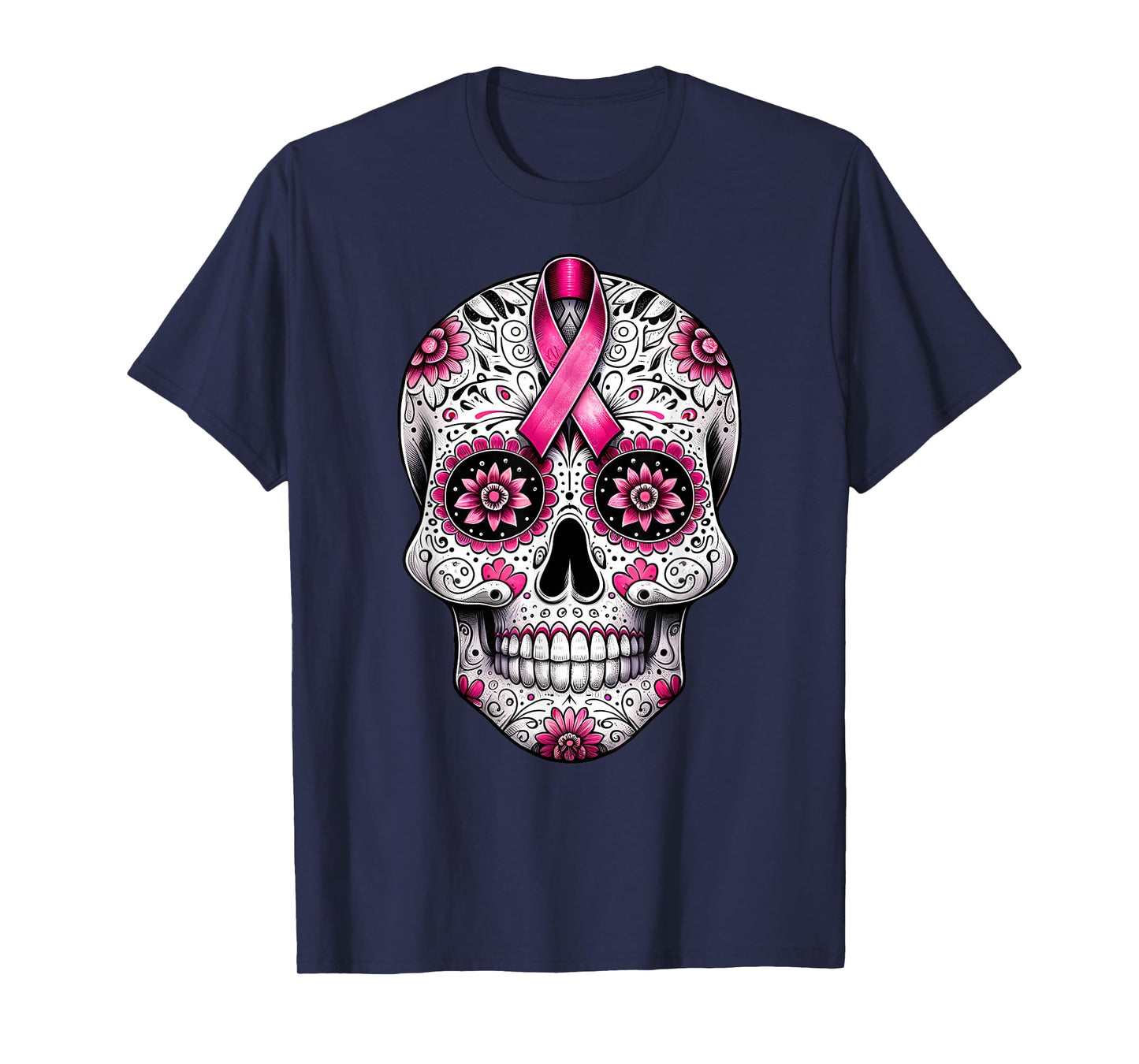 Pink Ribbon Sugar Skull Calavera Breast Cancer Awareness T-Shirt