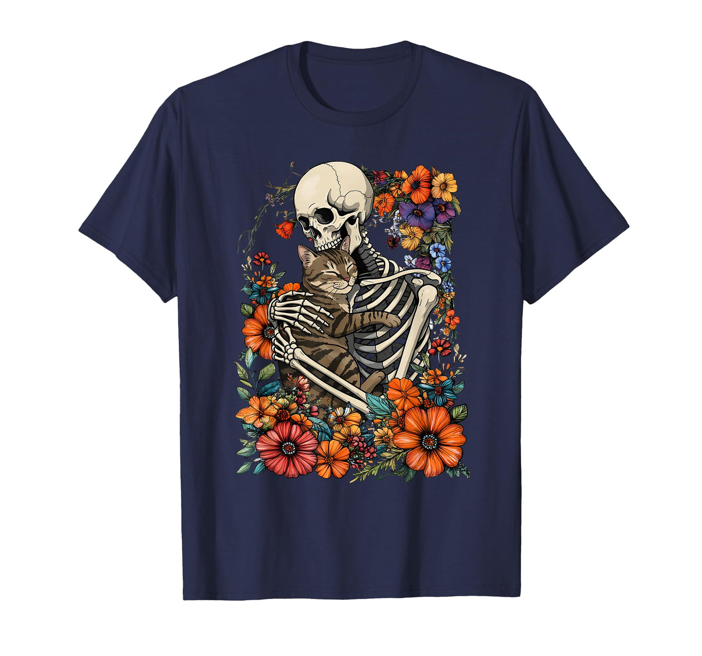 Skeleton Hugging Cat Floral Halloween Cats Lover Men Women T-Shirt