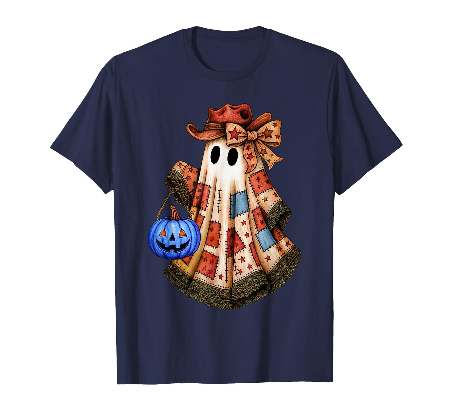 Preppy Girly Coquette Bow Patchwork Ghost Fall Halloween T-Shirt