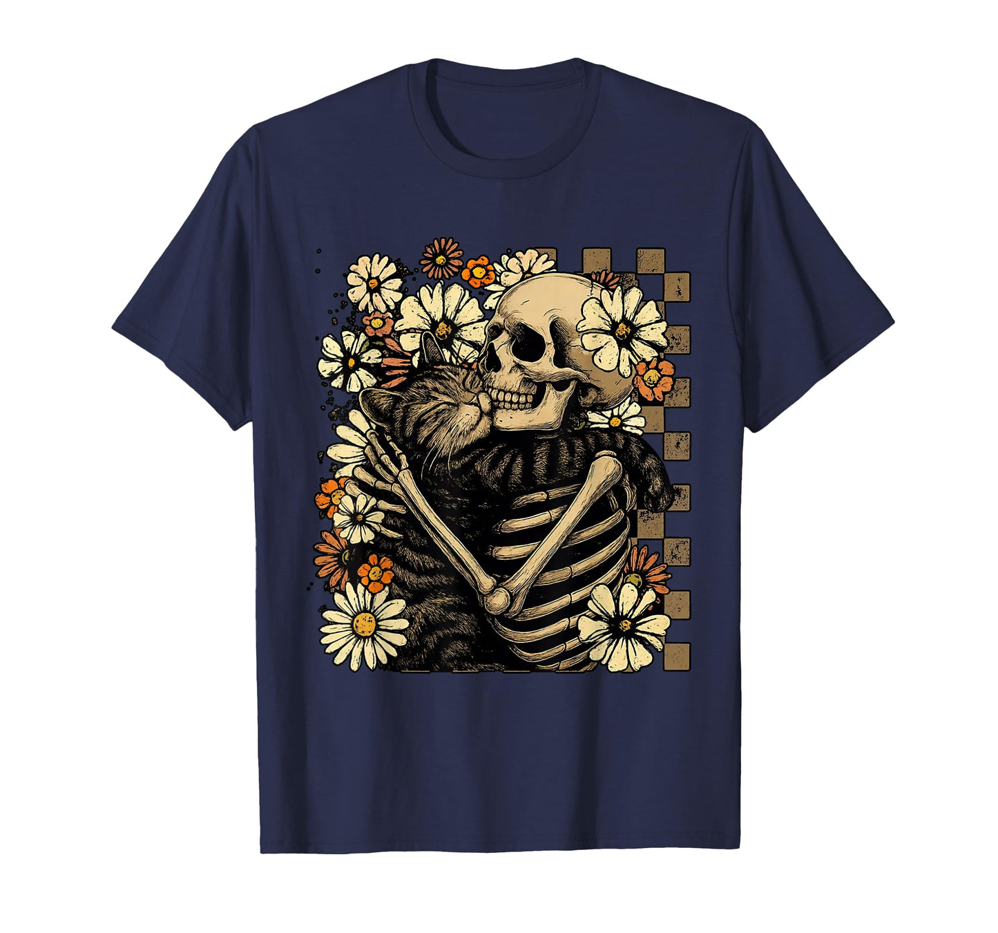 Retro Skeleton Hugging Cat Floral Halloween Cats Lover Fall T-Shirt