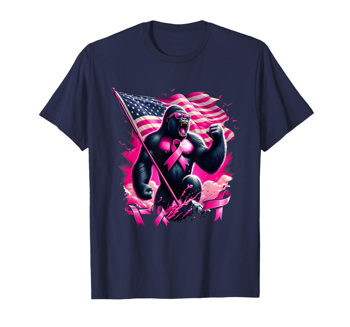 Pink Ribbon Gorilla Breast Cancer Awareness Month USA Flag T-Shirt