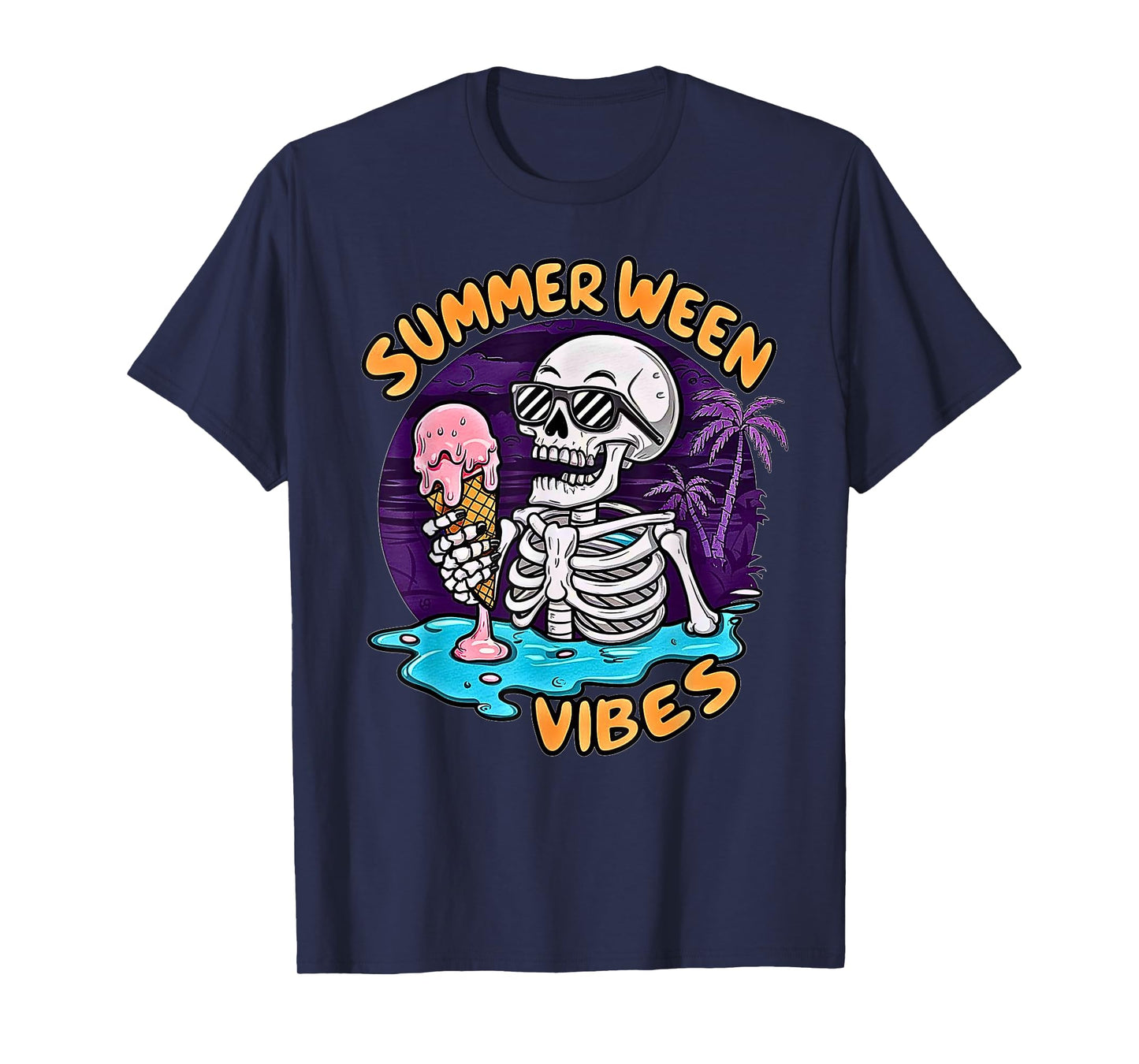 Summerween Vibes Skeleton Ice Cream Summer Vacation Funny T-Shirt
