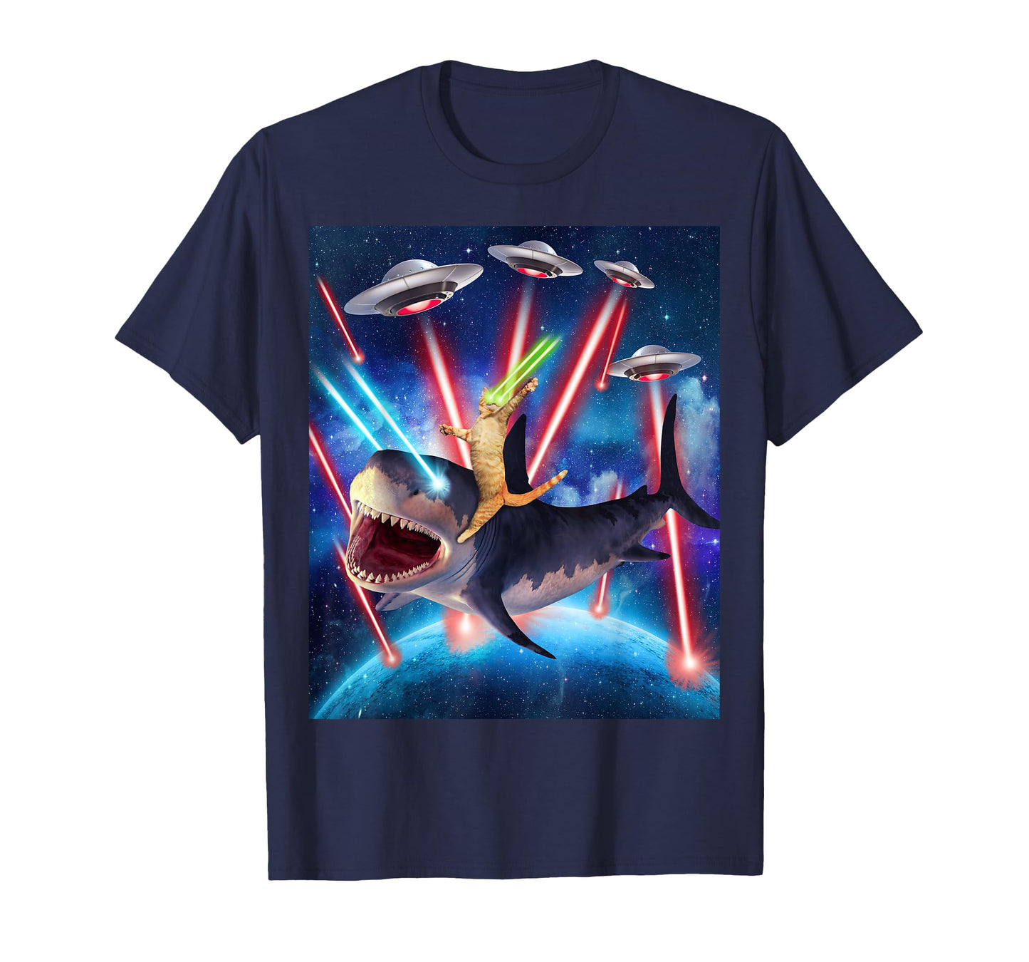 Space Cat Riding Shark Laser Eyes UFO Funny Kitty Cat T-Shirt for Men Women Girls Kids