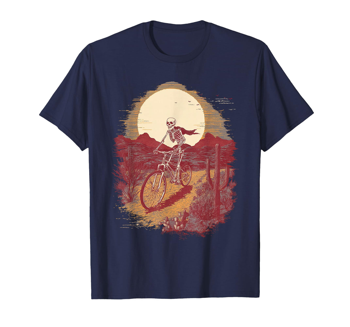 Skeleton Biker Cycling Desert Moon Halloween Vintage T-Shirt