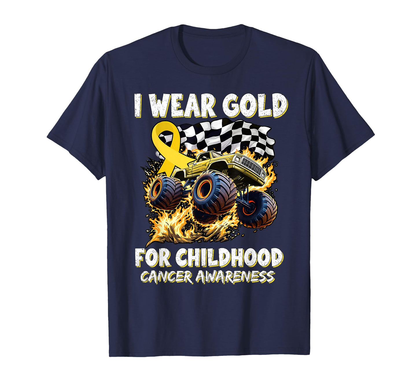 I Wear Gold For Childhood Cancer Awareness Monster Truck Kid T-Shirt
