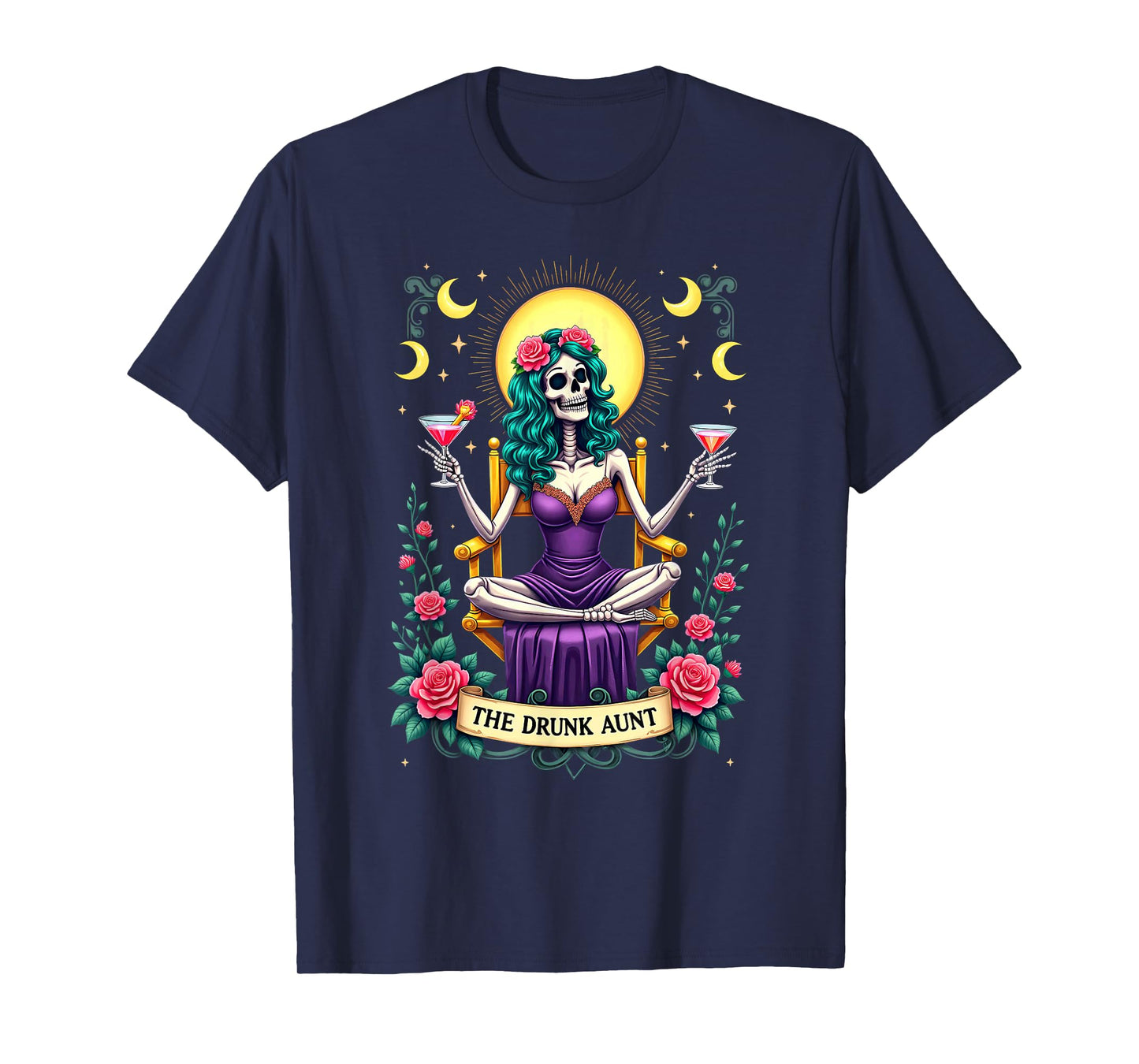 Gothic Tarot Card The Drunk Aunt Skeleton Halloween T-Shirt