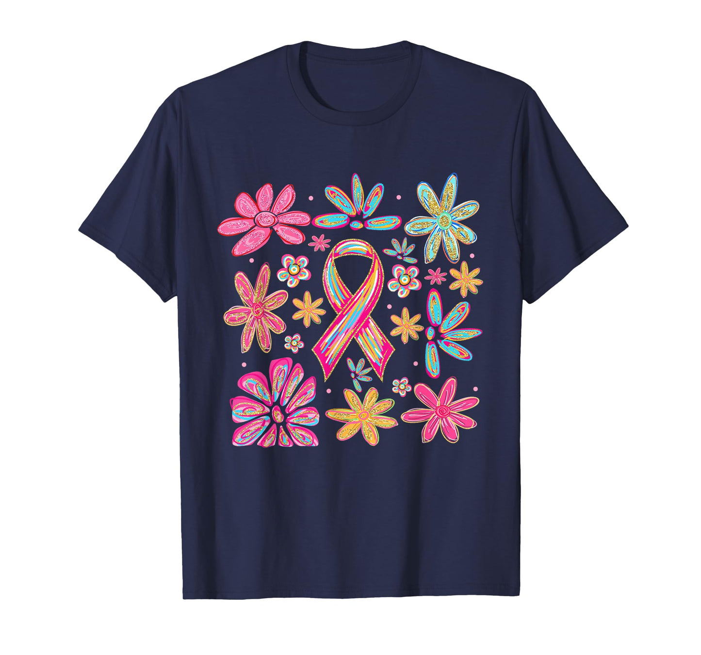 Pink Ribbon Boho Flowers Breast Cancer Awareness T-Shirt