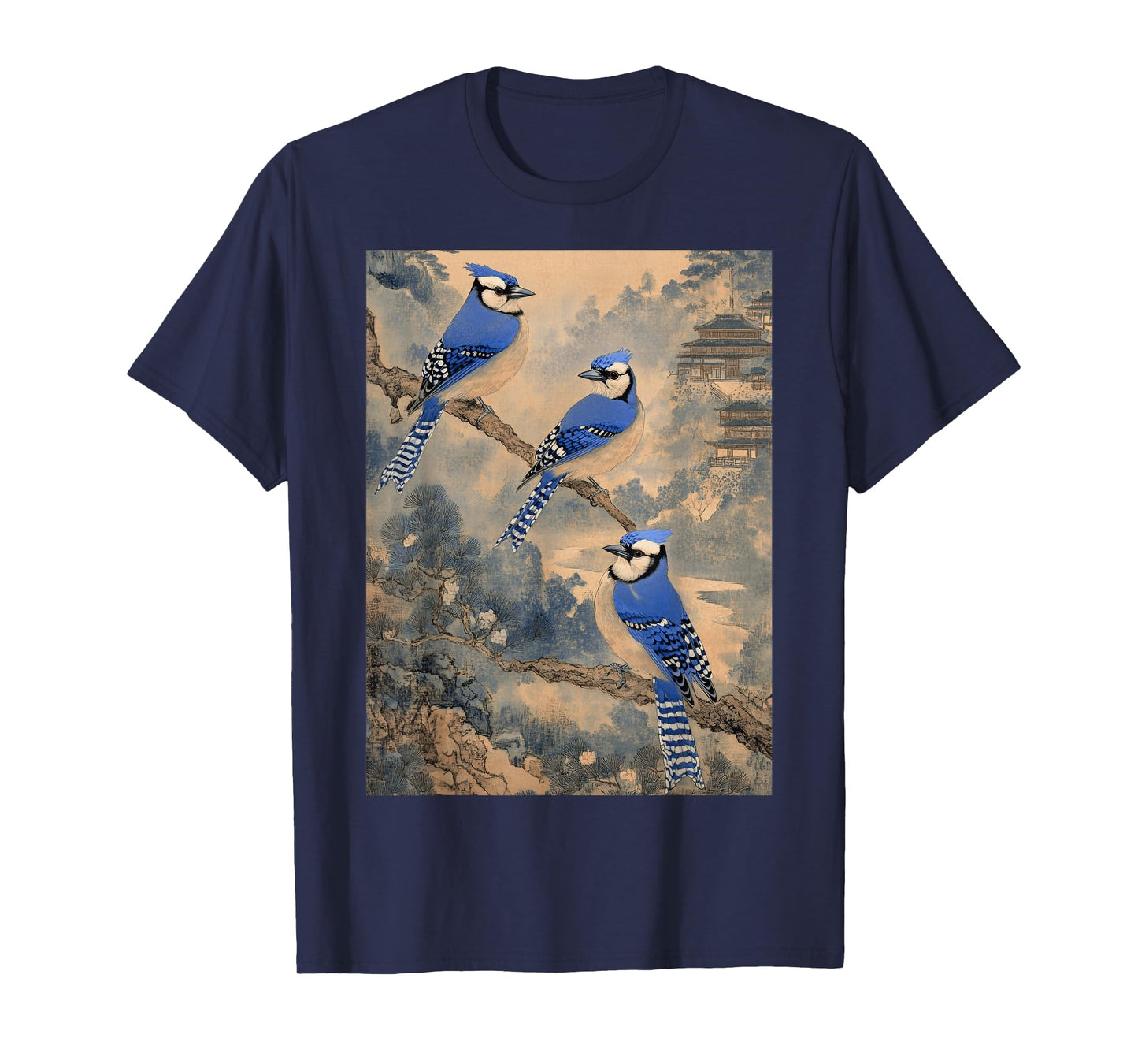 Birdwatching Blue Jay Birds Trees Japanese Woodblock Art T-Shirt