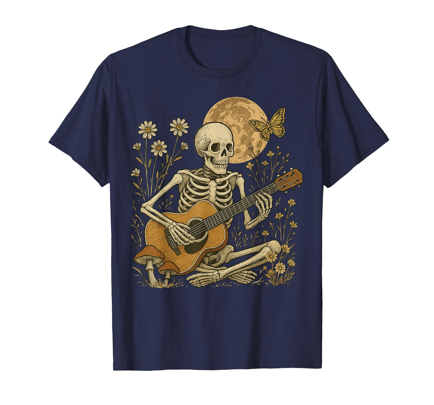 Moonlit Skeleton Playing Guitar Dark Academia Aesthetic T-Shirt