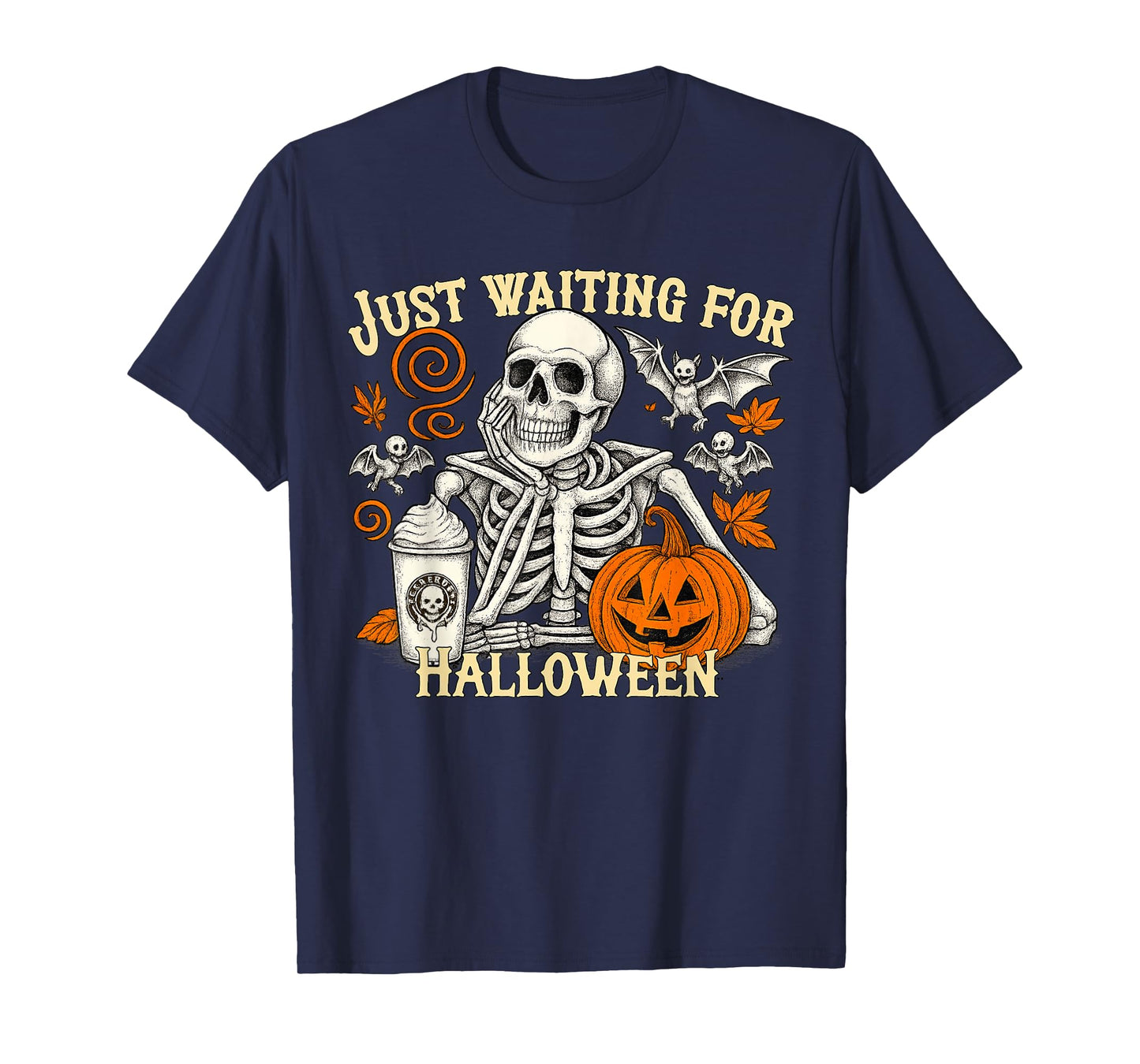 Just Waiting for Halloween Spooky Skeleton Pumpkin T-Shirt