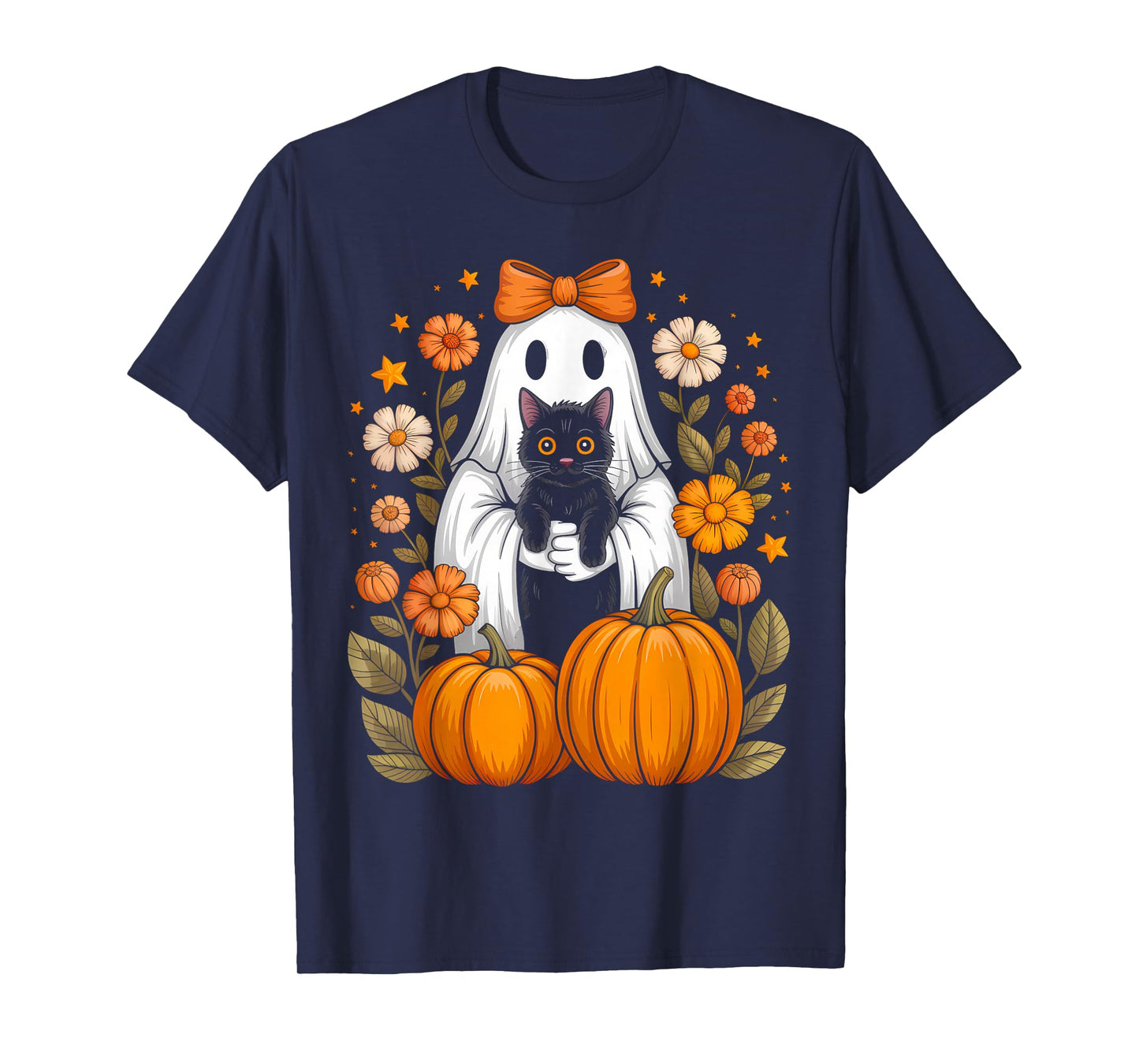 Funny Halloween Ghost Holding Black Cat Floral Pumpkin T-Shirt