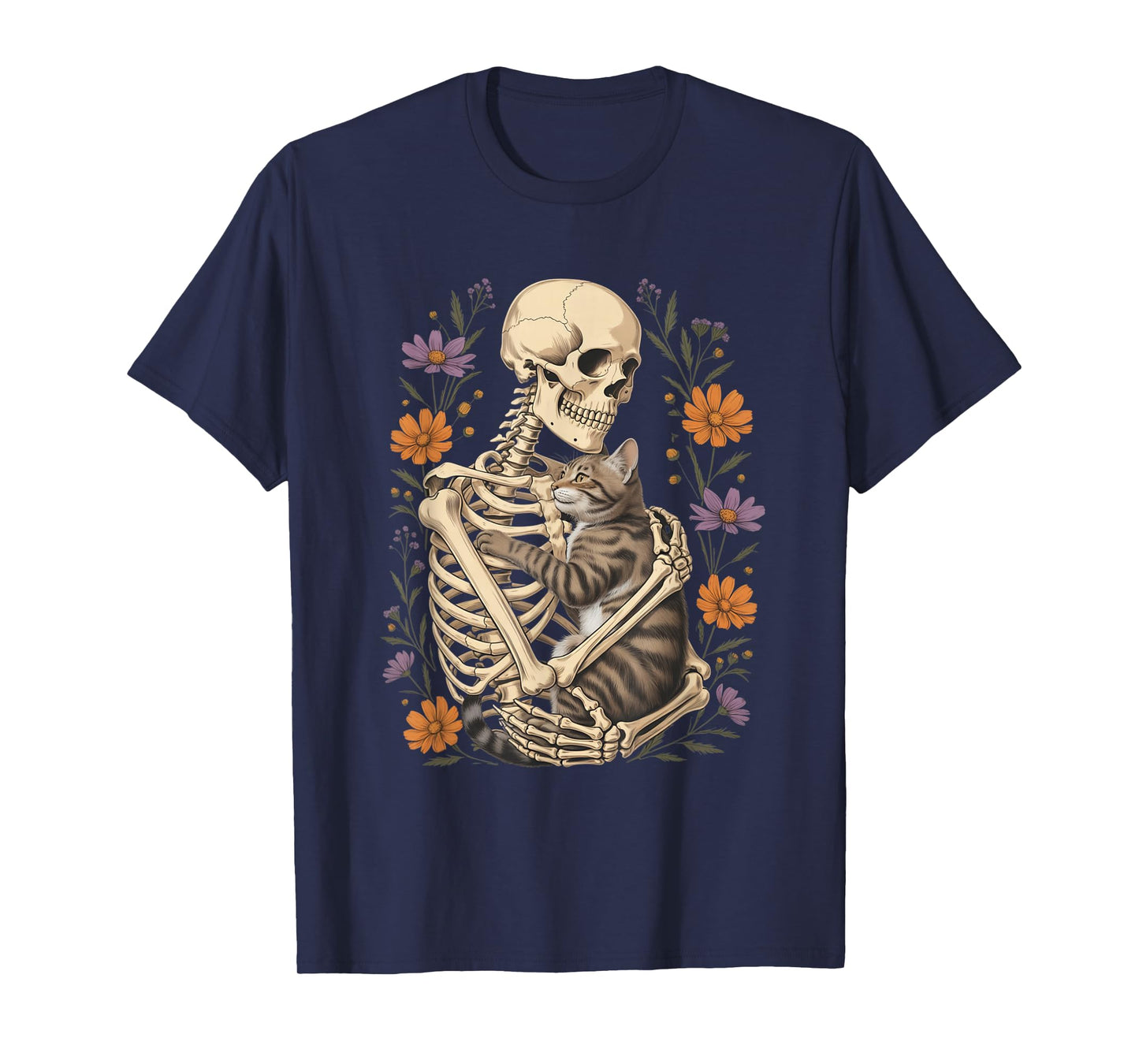 Funny Skeleton Hugging Cat Floral Halloween Cats Lover T-Shirt