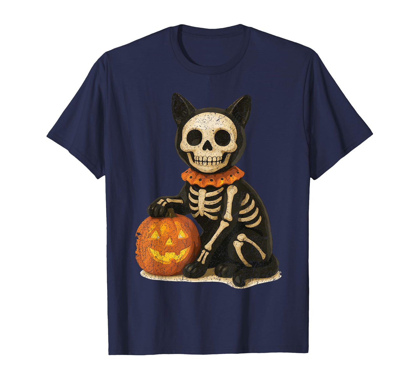 Vintage Skeleton Black Cat Ghost Happy Halloween Pumpkin T-Shirt