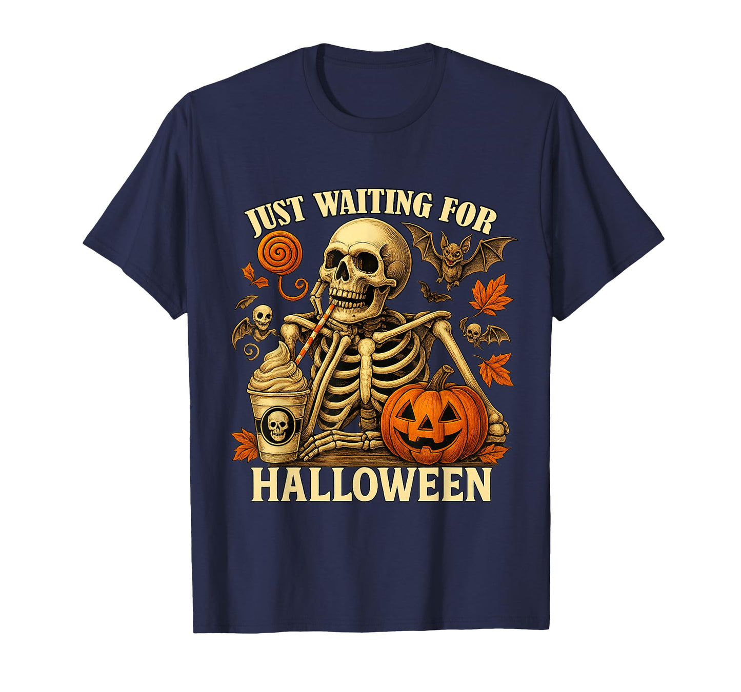 Just Waiting for Halloween Funny Skeleton Pumpkin T-Shirt