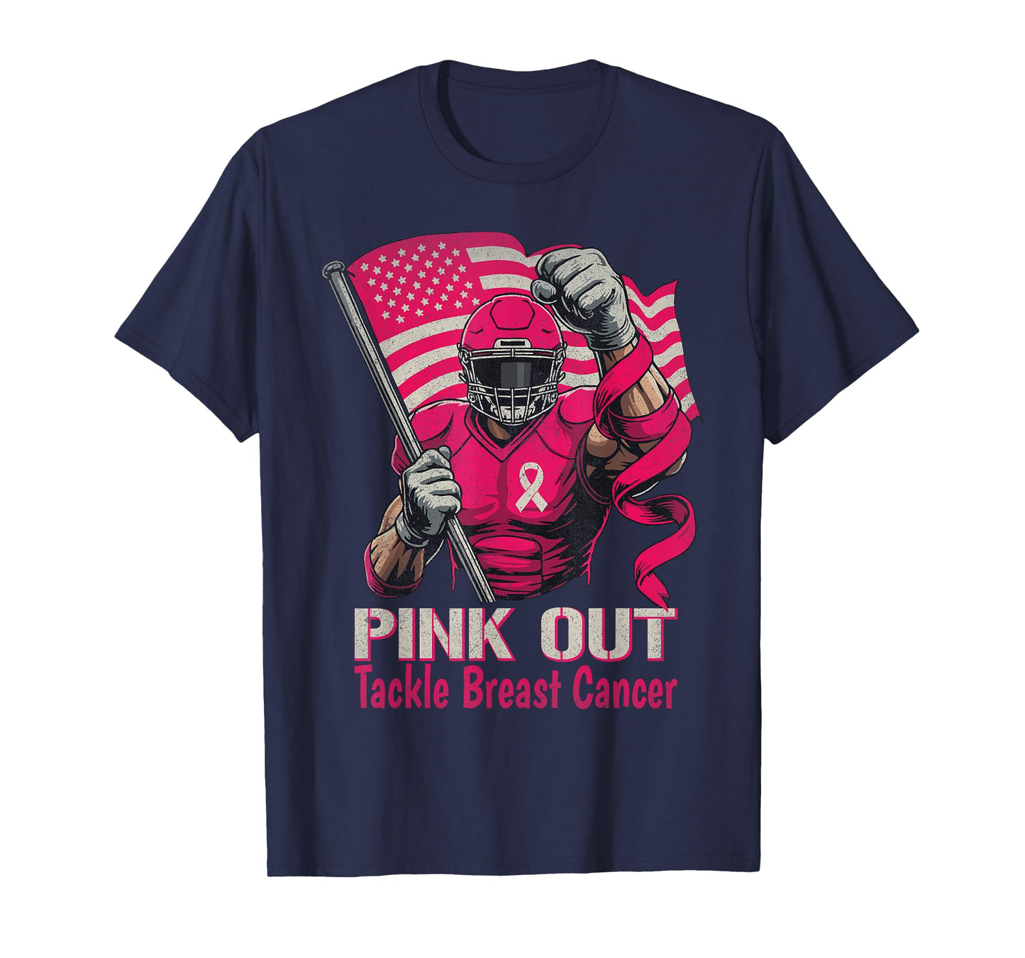 Pink Out Tackle Breast Cancer Football American Flag Ribbon T-Shirt